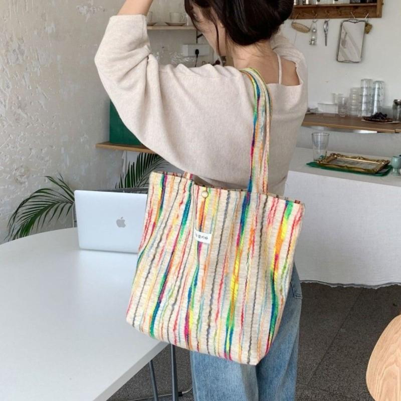 Korean Rainbow Stripe Tote Bag Women Canvas Bag Large Capacity Shoulder Bag Ladies Versatile Travel Casual Underarm Bag Chic New