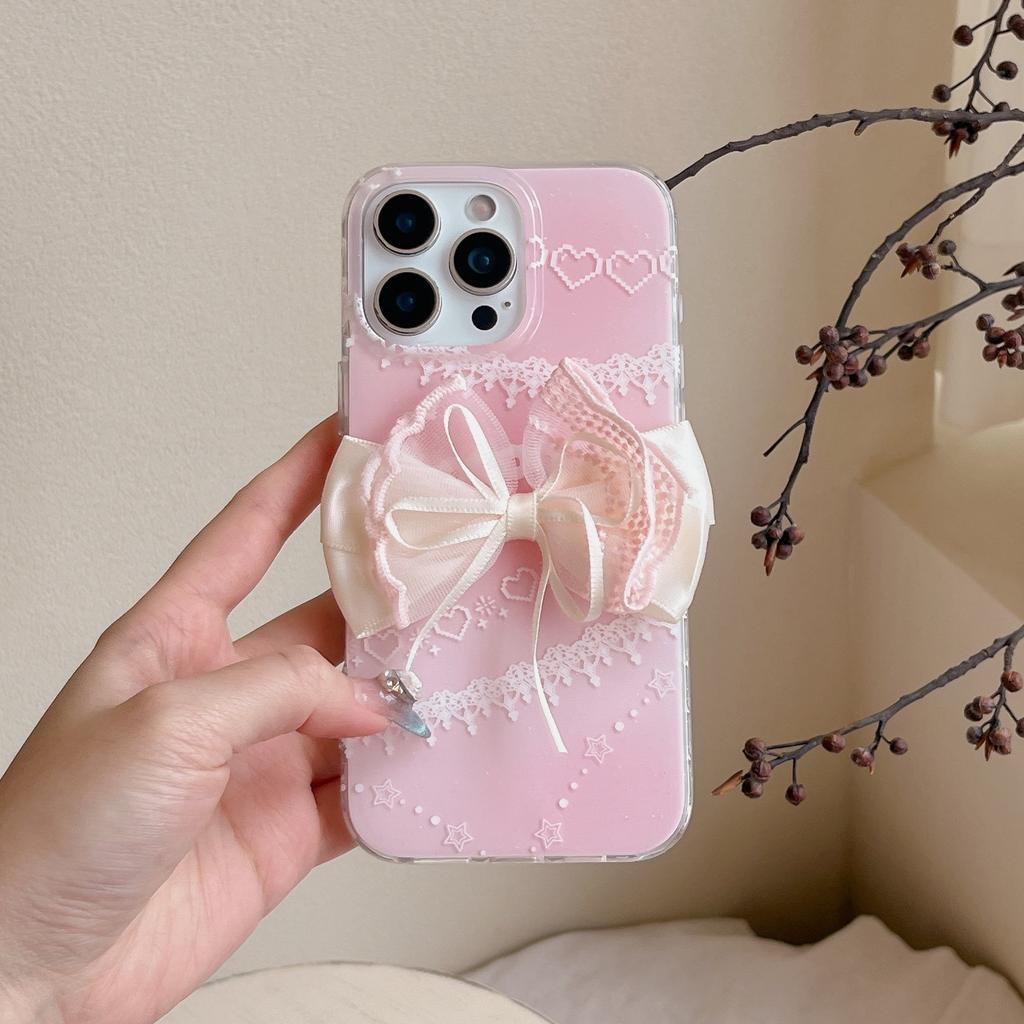 Gradual Change Pink Lace Edge Bow for iPhone16Pro Max iPhone 17 Case 14/15 Girl