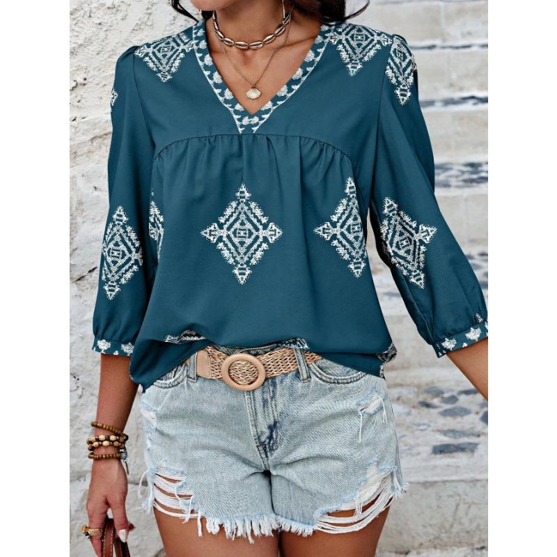 Women's Shirt Summer Fashion Printed Seven Sleeve V-Neck Top