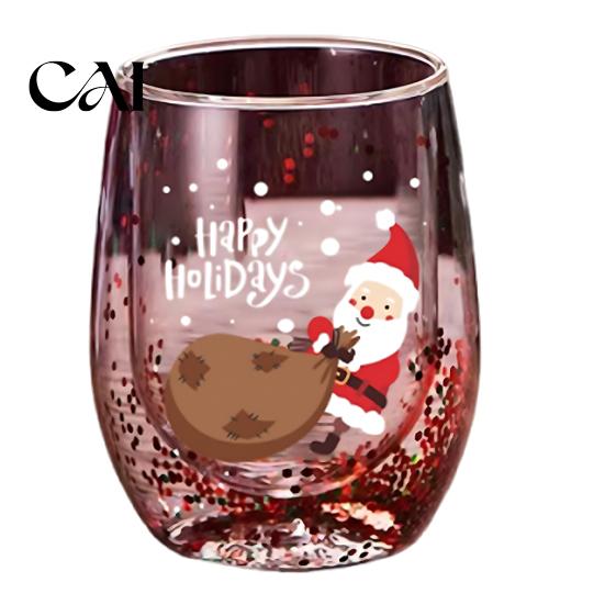 Anti Scalding Heat Resistant Cup Double Layer Glass Cup, with Santa Claus/Small Tree/Stack/Bag Patterns Decor, Family Gathering Tableware Quicksand