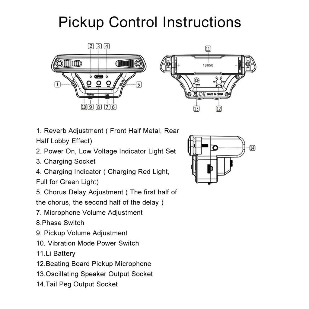 Fockety Acoustic Guitar Pickup Active Vibration Sound Hole Bluetooth Microphone Tone Volume Control Type-C Charging Port