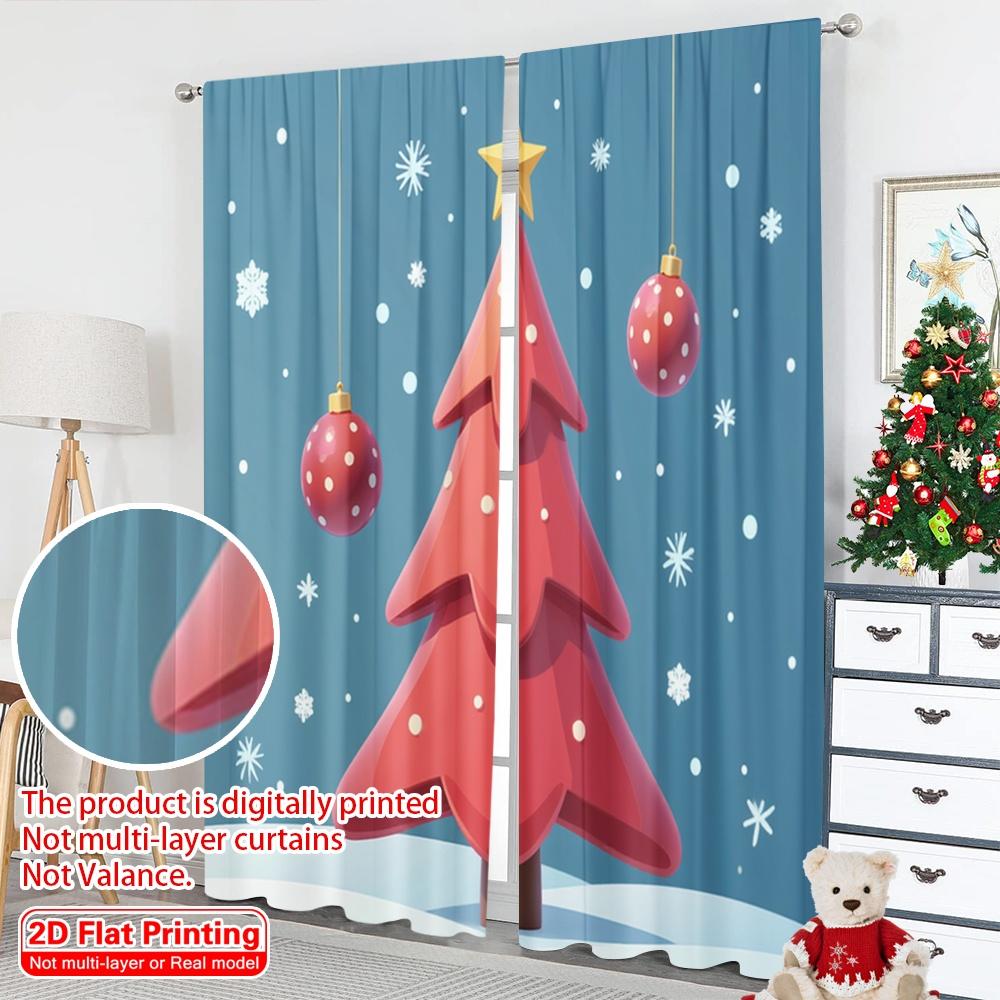 2pcs 2D flat printing Merry Christmas Window Drapes Red Christmas Tree Baubles Polyester Without Electricity Birthday Party for