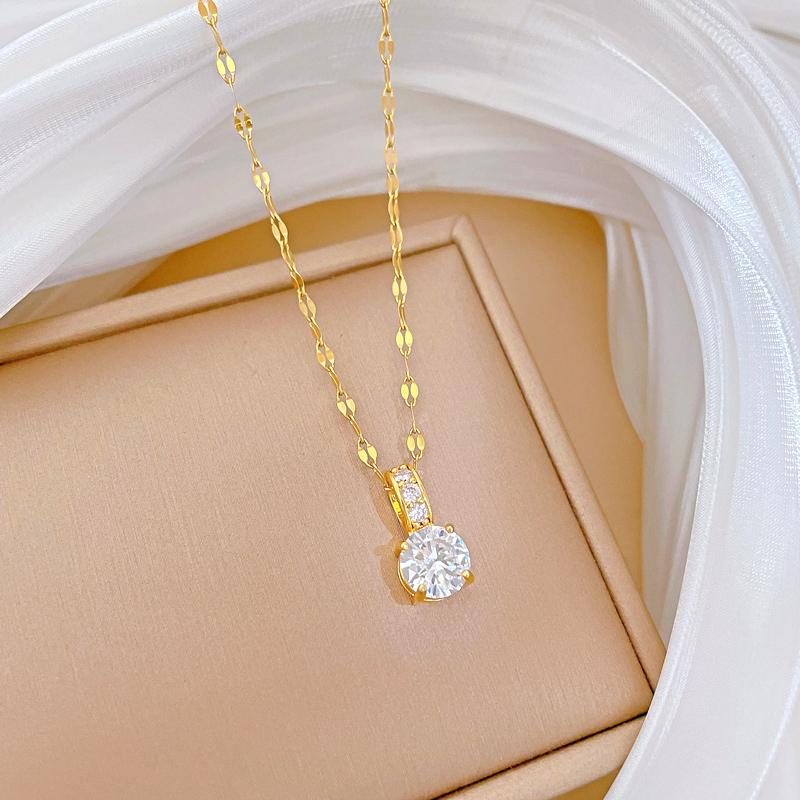 Fashion Trendy Geometric Pendant Necklace Titanium Steel Real Gold Plated Micro Inlaid Zircon Sweater Choker for Women Gift