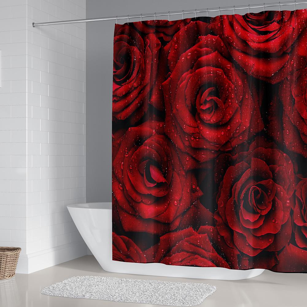 Rose Shower Curtain, Red Flower Fabric Bathroom Curtains Set with Hooks Floral Bathroom Decor Polyester Machine Washable