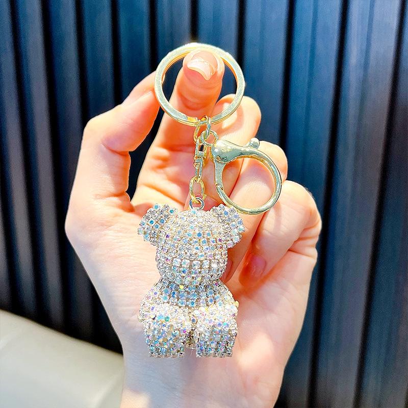 Christmas Valentine's Day Full Diamond Riding Bear Car Keychain Female Bag Pendant Exquisite Water Diamond Keychain Small Gift