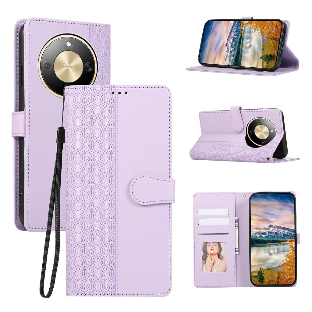Phone Case For Honor Magic8 Lite 5G / X9d 5G / X70 5G Splicing Imprinted Rhombus Leather Cover with Wrist Strap