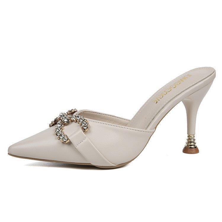 Cool Slippers Women'S Small Size Fashion Rhinestone High Heels Thin Versatile Pointed French Muller Half Slippers Women'S Bag Head
