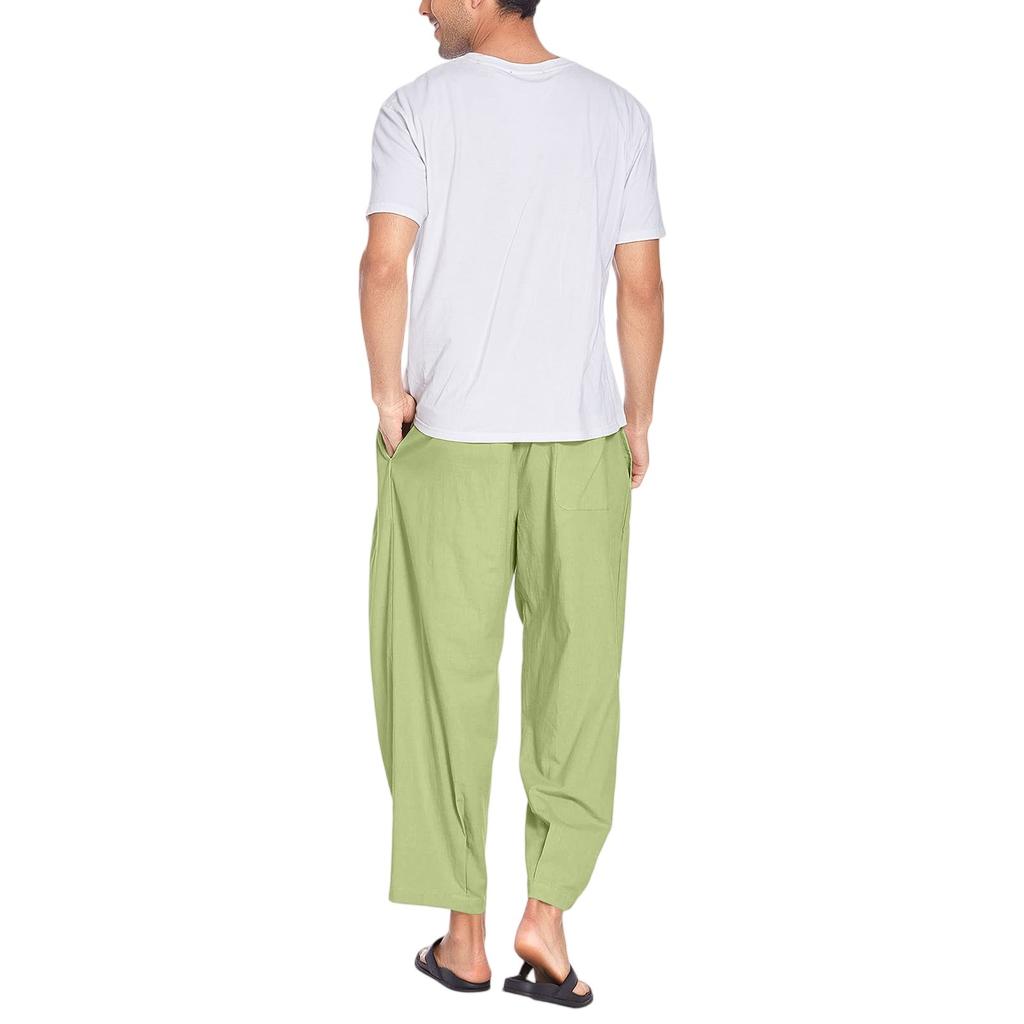 Herren Harlem Hose mit Baumwolle und Hanf Kordelzug Lässig Locker Crop Gürtel Tasche