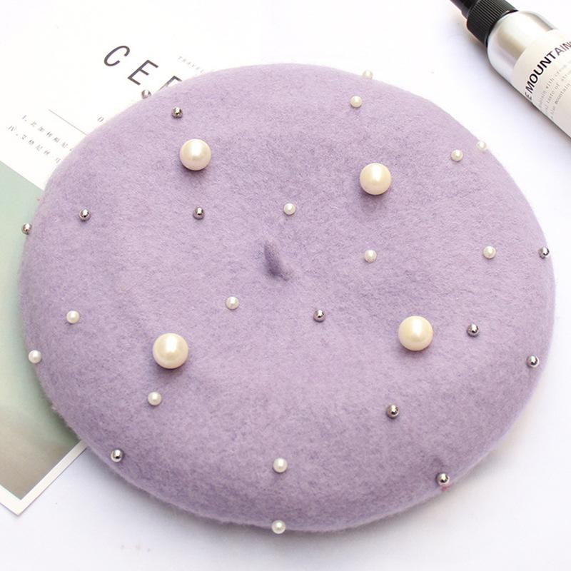 Pearl Rivet Painter Hat Femininity Luxury Wool Beret Gypsy Star Bead Bud Hat