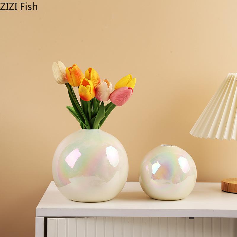 Farbige Perlmutt-Kugelform Keramikvase Schreibtischdekoration Blumenarrangement Künstliche Blumenvase Raum Ästhetische Deko