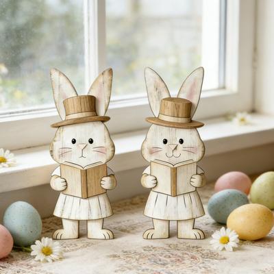 2Pcs Easter Bunny Decoration Farmhouse Rustic Couple Rabbit Table Sign Home Office Spring Easter Holiday Party Table Centerpiece Ornament