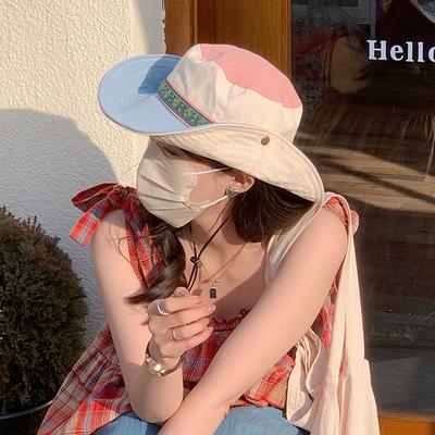Guochao Bucket Hat Men and Women Spring and Summer Travel Mountaineering Visor Fashion Contrasting Color Splicing Basin Hat