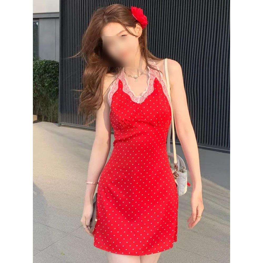 

Choco Girl Red Polka Dot Lace Trim Halter Dress - Slimming Summer Outfit M (suggested for 90-100 lbs)