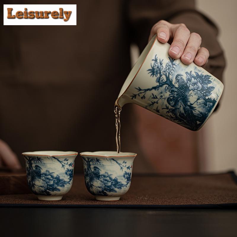 200ml Antique Ru Kiln Ceramic Fair Cup Cicada Wing Opening Golden Wire Tea Pitcher Flower Bird Justice Cup Tea Divider Teaset