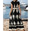 New Summer Holiday Style Printed V-neck Waist Short-sleeved Dress Holiday Long Dress