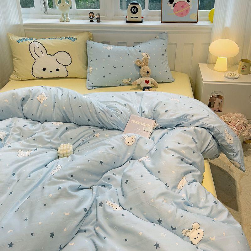 

Korean Style Cartoon Duvet Cover Four-Piece Set Bed Sheet Fitted Sheet Quilt Cover Single Dormitory Bed Three-Piece Set Non-Cotton Pure Cotton 150*200cm single quilt cover Goodnight Rabbit