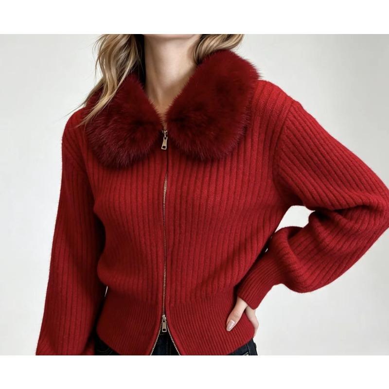 Suéter Cárdigan de Punto Holgado para Mujer con Cuello de Piel