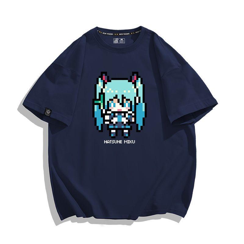 Pixel Style Hatsune Miku Anime Peripheral Animation Printing Tshirt Unisexs and Unisexs Cotton Loose Fashion Trend Summer Tshirt