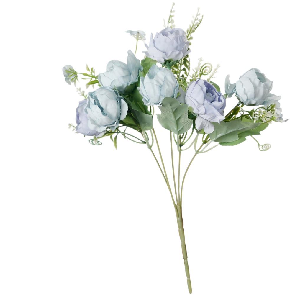 

7 Peony Buds Artifiical Flower Branch 30cm Height Flexible Stems Roses Fake Flower with Green Leaves Wedding Bouquet синий