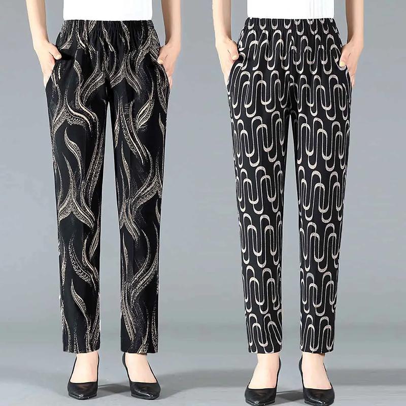 WTEMPO Retro Elegant Printed Elastic High Waist Thin Mother's Loose Cropped Pants Women's Spring Summer Ice Silk Wide Leg Pants