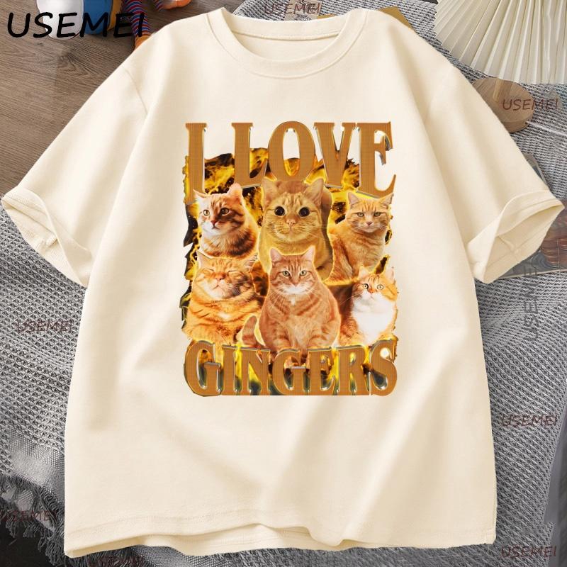 I Love Gingers T Shirt Funny Orange Cat Tee Retro Y2K Unisex TShirt Casual Cotton Short Sleeve Round Neck Tshirt Streetwear