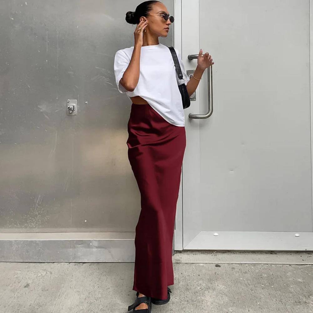 Elegant Satin Trumpet Skirts Fashion Slim High Waist Skirts Women Female Solid Office Long Skirt