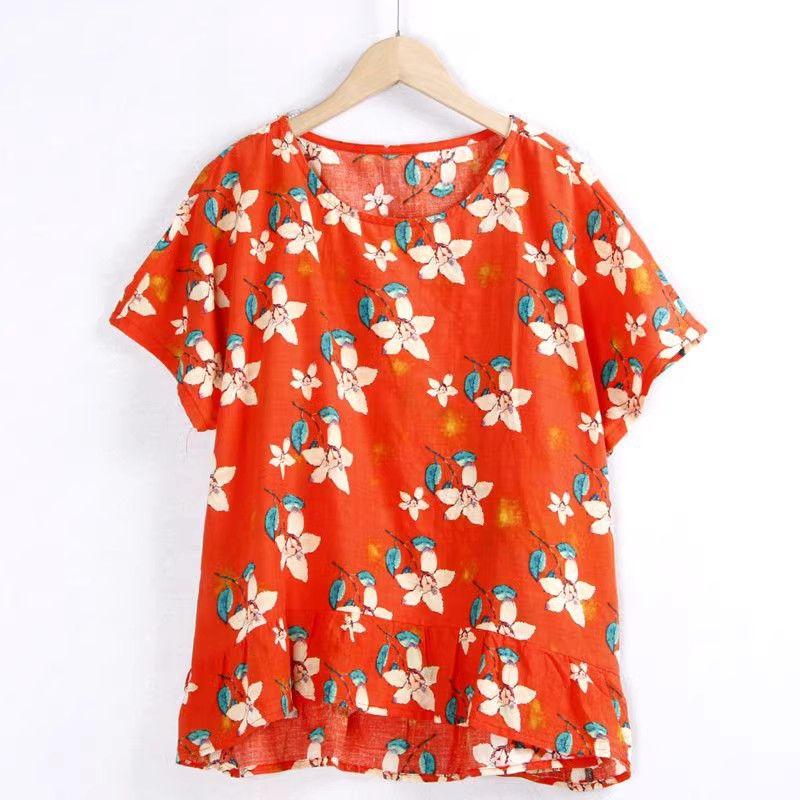 

Thin and All-Matching Comfortable Breathable Export Tail Single Cotton and Linen Shirt 16 Red background flowers All yards