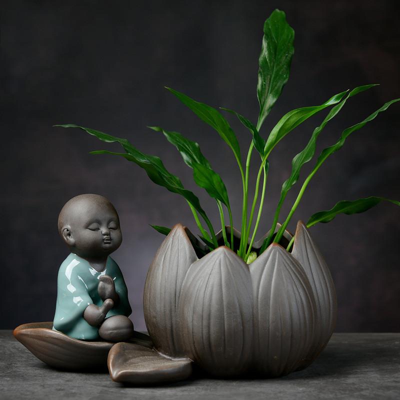 DXUIALOI Neu Chinesisch Kreativ Hydrokultur Pflanzen Chrysantheme Kupfer Geld Blumentopf Vase Zen Keramik Handwerk Heimdekoration