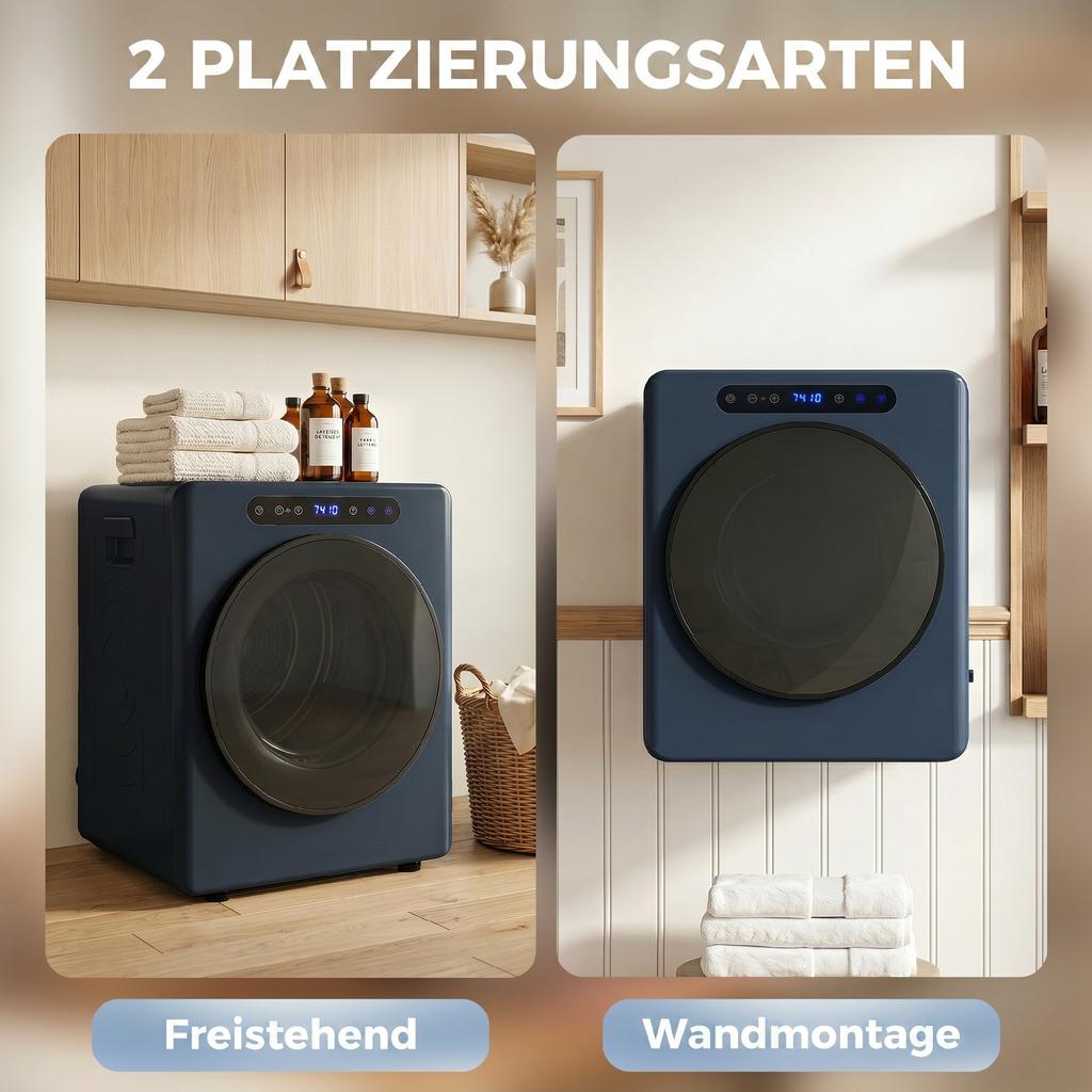 5kg Kondenstrockner, 1000W Kompakter Freistehender Frontlader Wäschetrockner mit Edelstahl-Trommel, Timer, Blau