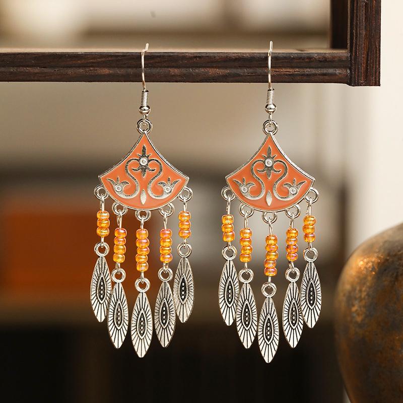 Classical Ethnic Drop Glaze Geometric Earrings for Women Vintage Texture Beaded Dangle Earring Daily Vacation Jewelry