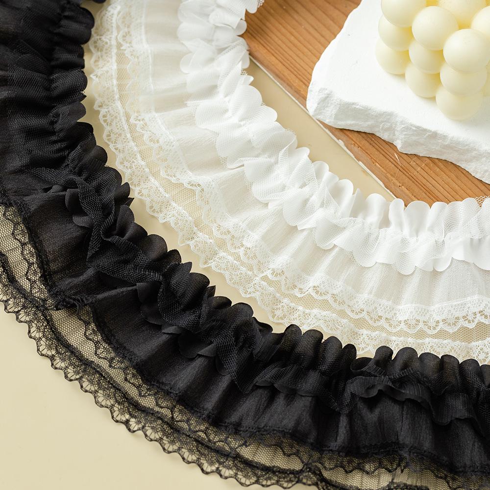 7.5cm Black & White Double-Layer Pleated Chiffon Lace Trim for Neckline, Cuff, and Hem Decoration.