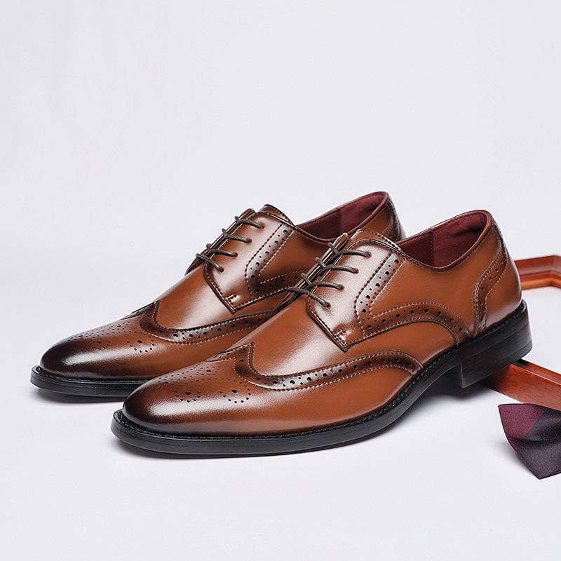New Men's English Style Hidden Heel Derby Brogue Leather Shoes - Pointed Toe Lace-Up Design for Formal and Casual Wear