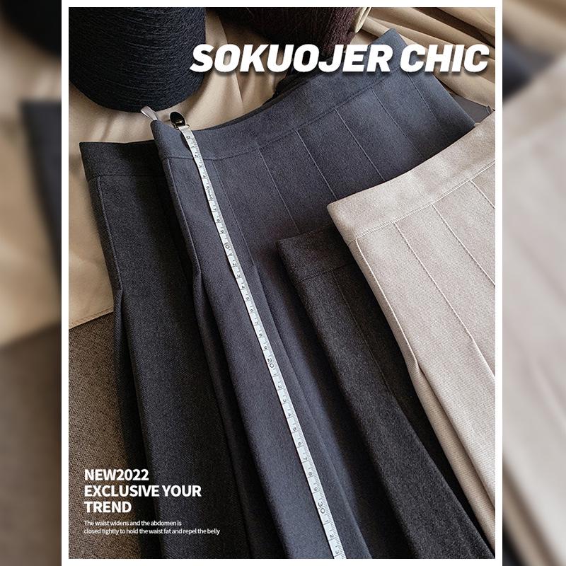 Women's High-Quality Black Wool Blend A-Line Pleated Skirt - Thick, High-Waisted, Slimming, Plus Size, Short Length for Autumn & Winter.