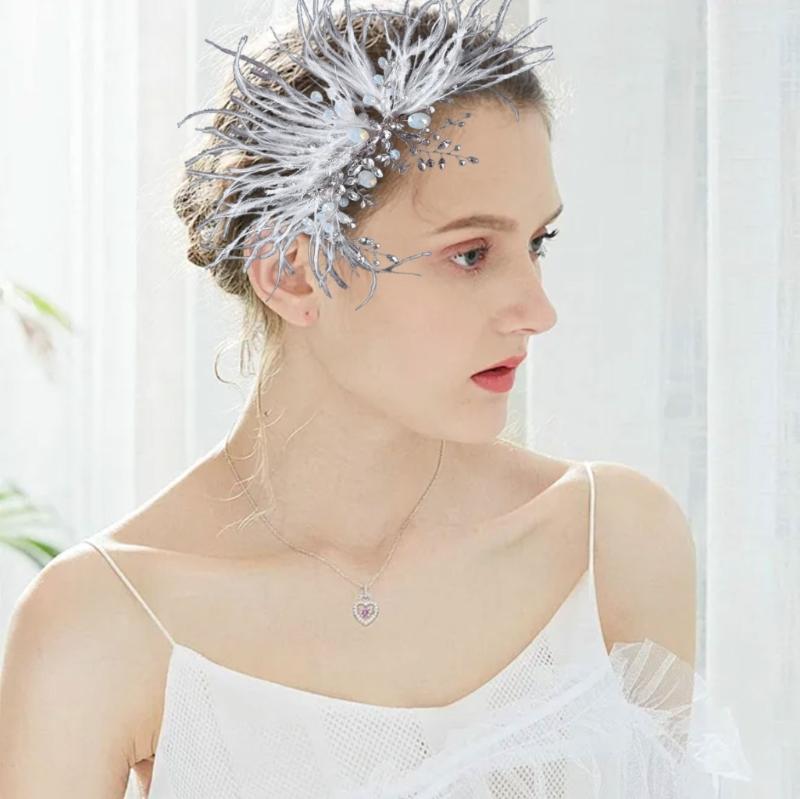 White Feather Tiaras Crystal Hair Clip for Bridal Stylish Wedding Headpiece Accessories Engagement Party Hair Accessory