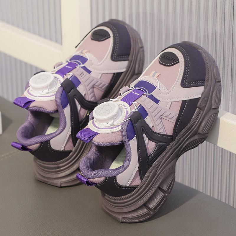 Girls Mesh Sneakers 2025 Autumn New Rotating Button Thick-soled Breathable Children's Korean Version Casual Dad Shoes