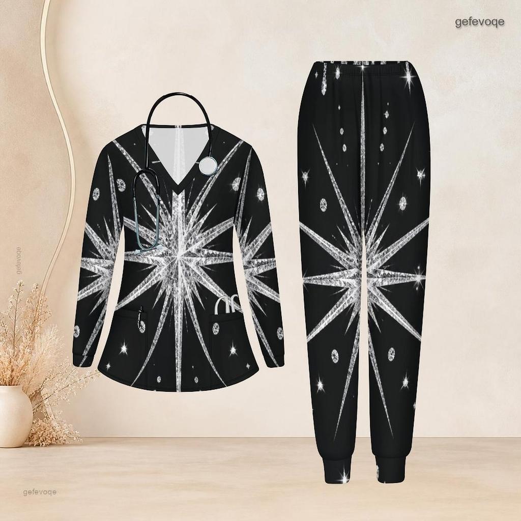 Women Plus Size Black Green Gold Printed Scrub Set V Neck Long Sleeve Pocket Top And Long Pants