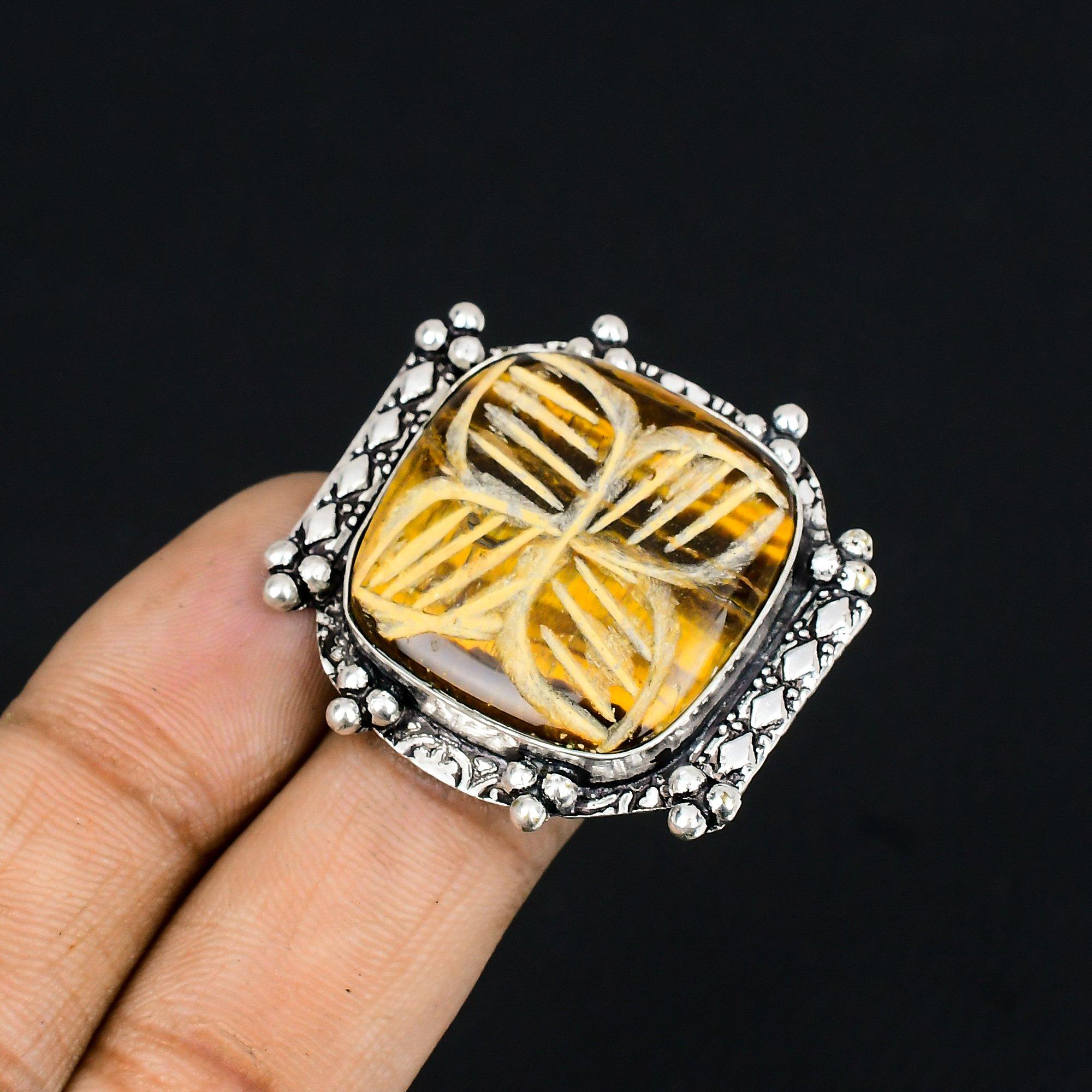 Halloween Sale 925 Silver Cushion Carved Tiger Eye Stone Stackable Ring Size 7.5 7.5