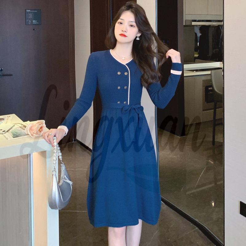 

Woolen Sweater Dress for Women - Elegant Waist-Cinching, Belted, for Autumn/Winter, Wear as Outerwear or Base Layer 2XL синій