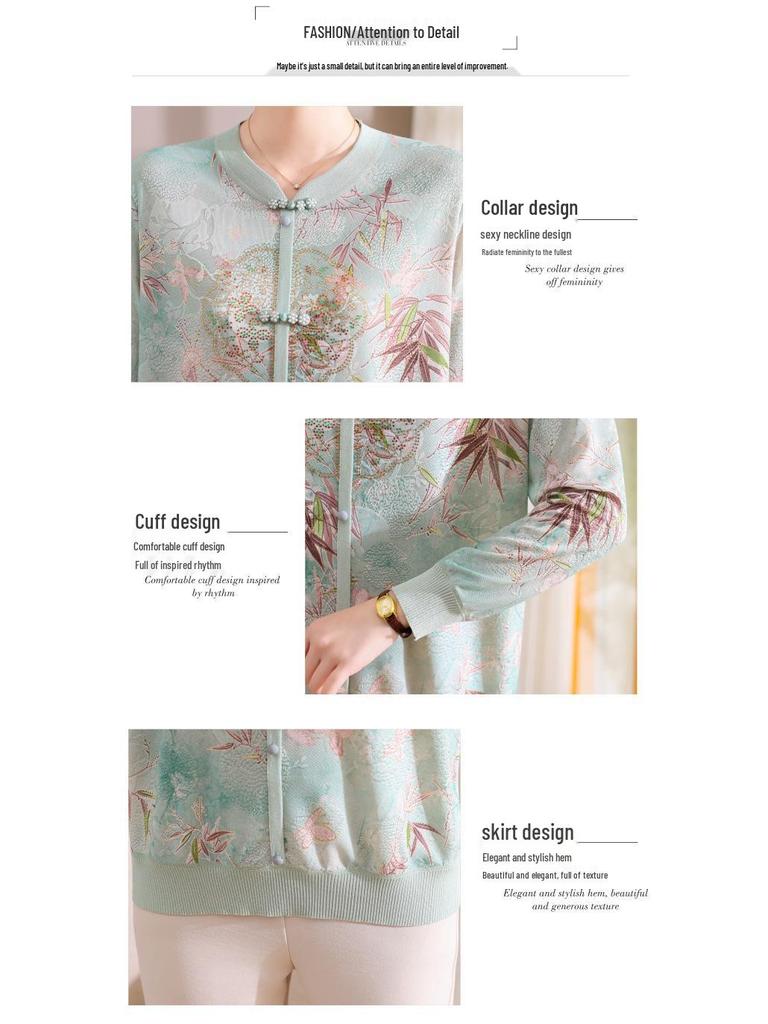 Elegant Long Sleeve Chinese Style T-Shirt for Middle-Aged and Elderly Women - Spring Patterned Elastic Top
