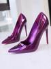 Fashion New Purple Laser Patent Leather Pointed High Heels with Thin Heels, Shallow Mouth, Sexy Cross Dressing, Plus Size 12CM