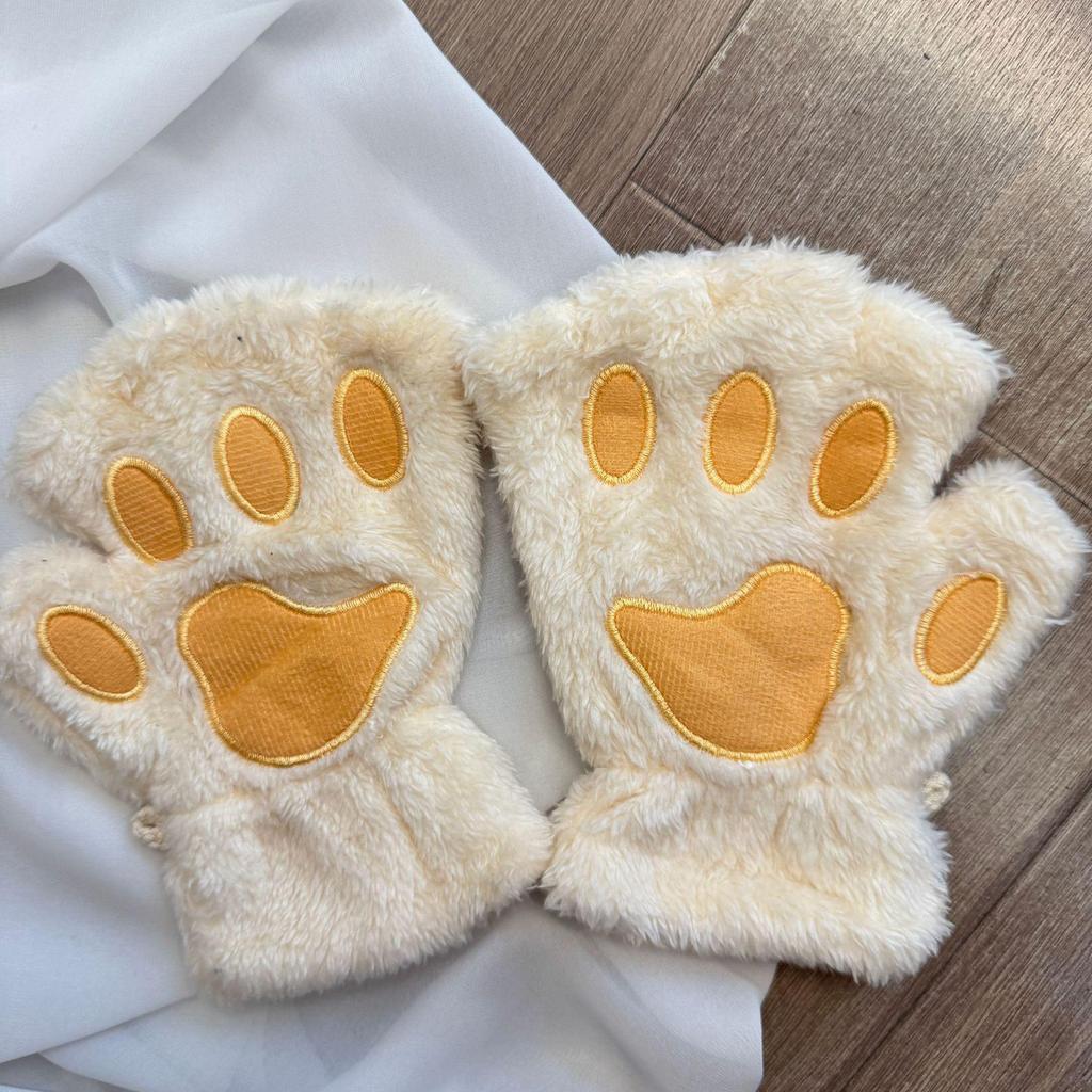 Women's Cute Cat & Bear Paw Fingerless Fleece Gloves