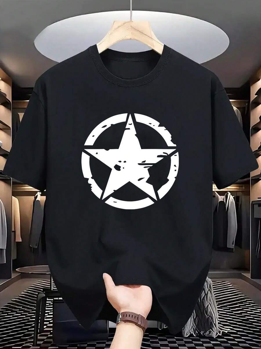 

Unisex S Casual Crew Neck T-Shirt With Geometric Five-Pointed Star Print S