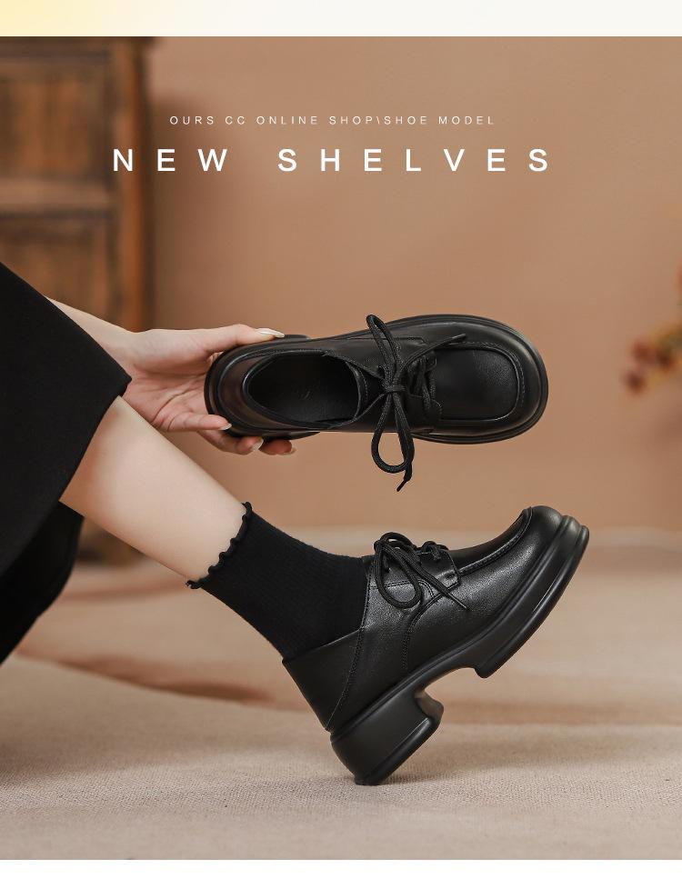 2025 Herbst Retro Schwarz Damen Square Toe Schnürschuhe Dicke Sohle Höhenverstärkend Britischer Stil Kleine Lederschuhe