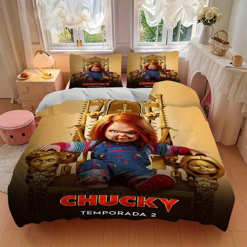 Set de așternut cu imprimeu Chucky'S Throne Returns 3 buc. Husă de pilotă cu 2 fețe de pernă Cadou de casă pentru ziua de naștere