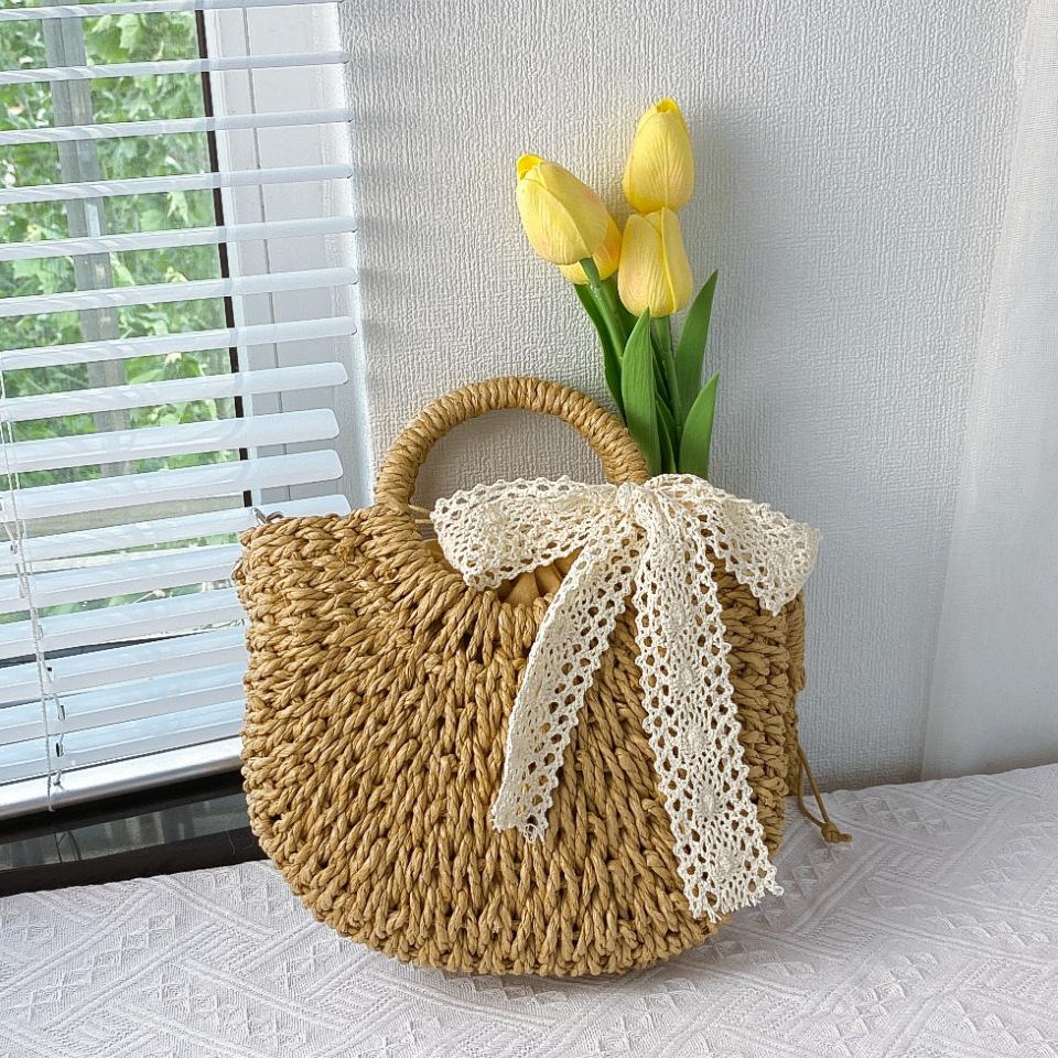 Women Straw Woven Bag Fashion Shoulder Bag Large Capacity Handwoven Tote Bag Drawstring Chic Hobo Bag Summer Beach Bag KTB
