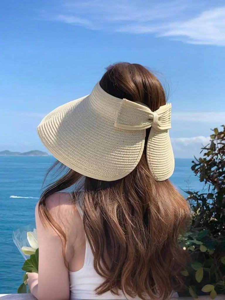 Women's Beige Bohemian Elegant Straw Sun Hat - Foldable Summer Beach Hat With Bow Decor, UV Protection, Adjustable Size,