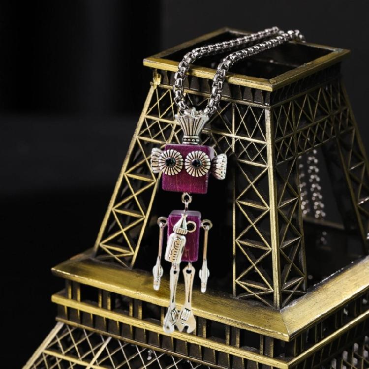 DIY Wooden Robot Pendant Necklace Unisex Clavicle Chain Punk Chokers for Women