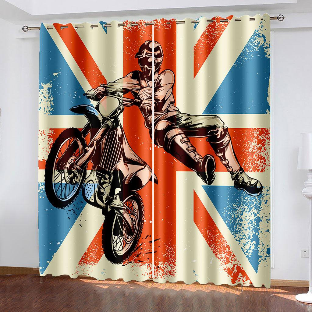 Motorcycle Illustration Printing Curtains Two Independent Curtains On The Left and Right Side Blackout Curtains for Bedrooms