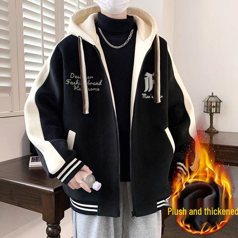 Teen Boys' Trendy Velvet-Style Baseball Jacket Hoodie