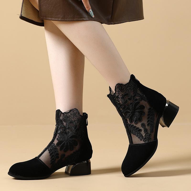 Fashion GKTINOO Women's Shoes Lace Genuine Cow Leather Spring Summer Fashion Boots Thick Heel Round Toe Ankle Boots Shoe Plus Size 35-43